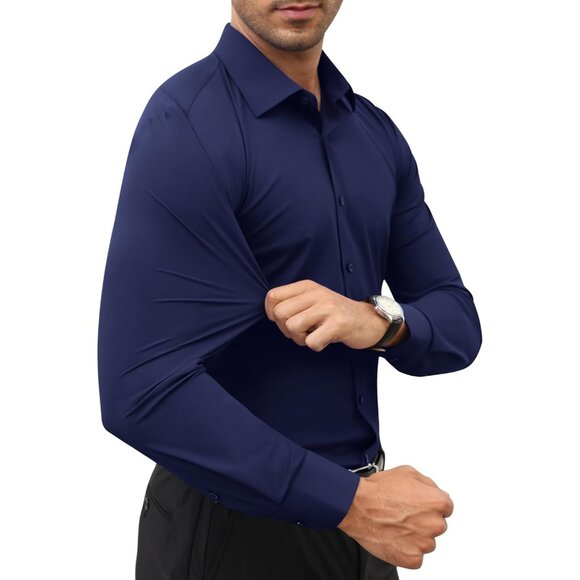 Men Navy Long Sleeve Slim Muscle Fit Wrinkle Free Button Down Dress Shirts - Picture 2 of 9